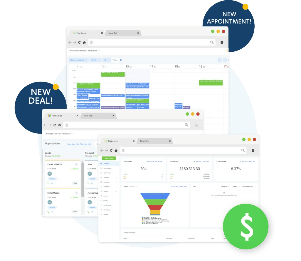 Unified business dashboard showing pipeline, analytics, and appointments