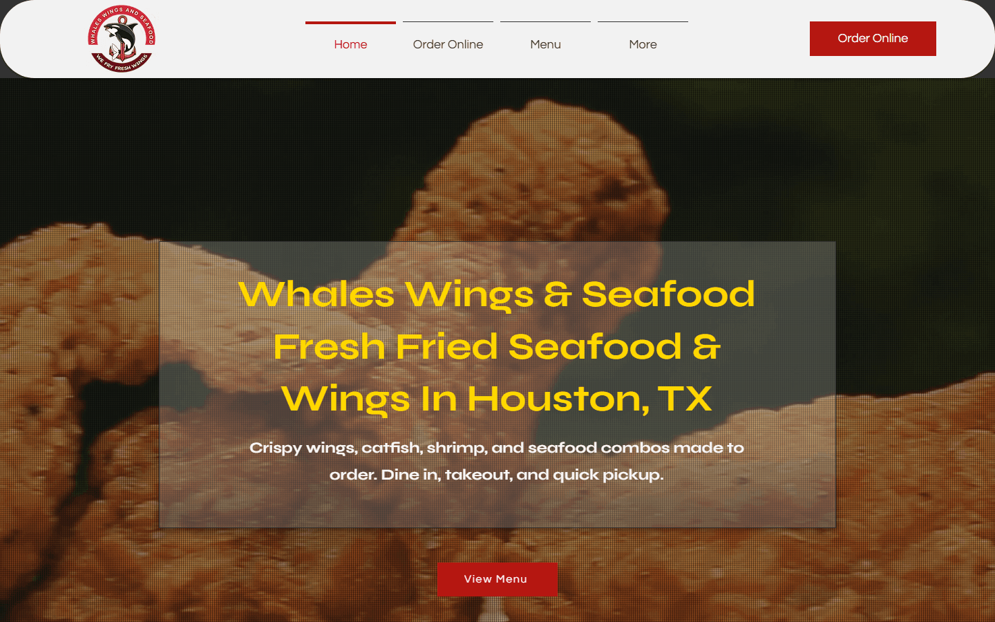 Whale Wings Seafood website — desktop view