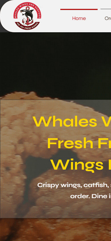Whale Wings Seafood website — mobile view